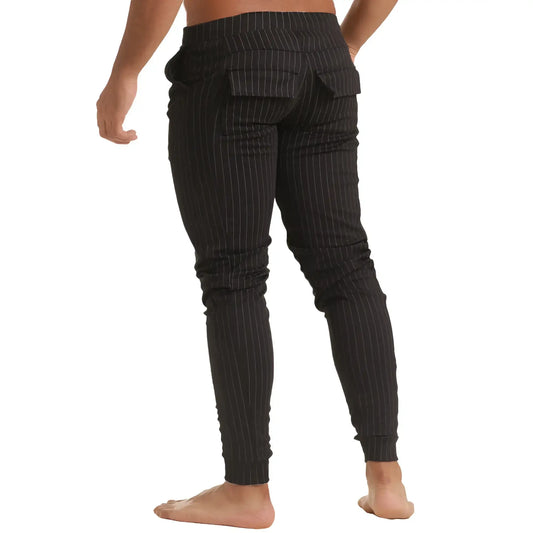 Black pinstripe slim-fit gigo casual sportpants showing back side with two pockets for a sleek sporty look