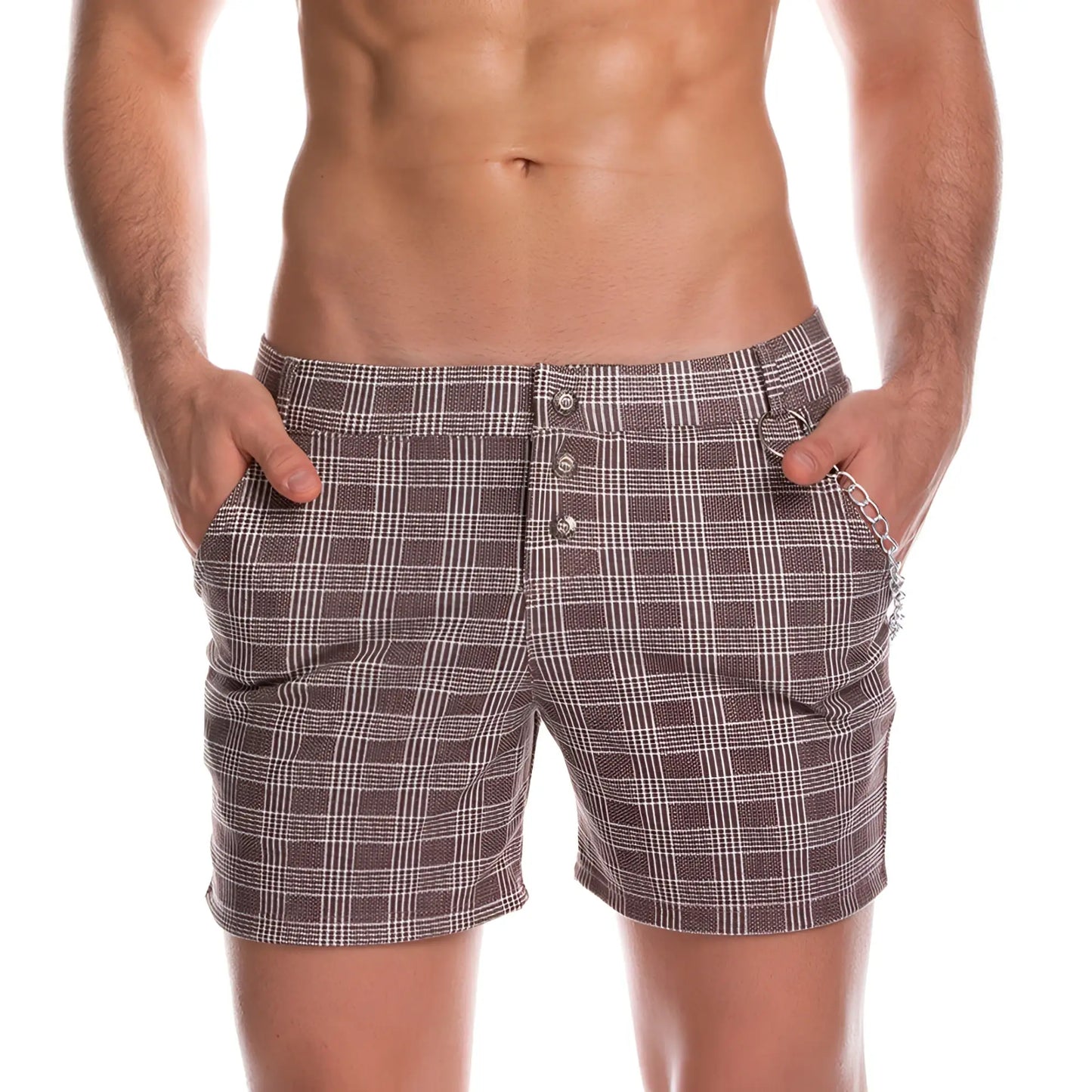 Gigo casual brown short brown and white plaid shorts with button closures for casual wear