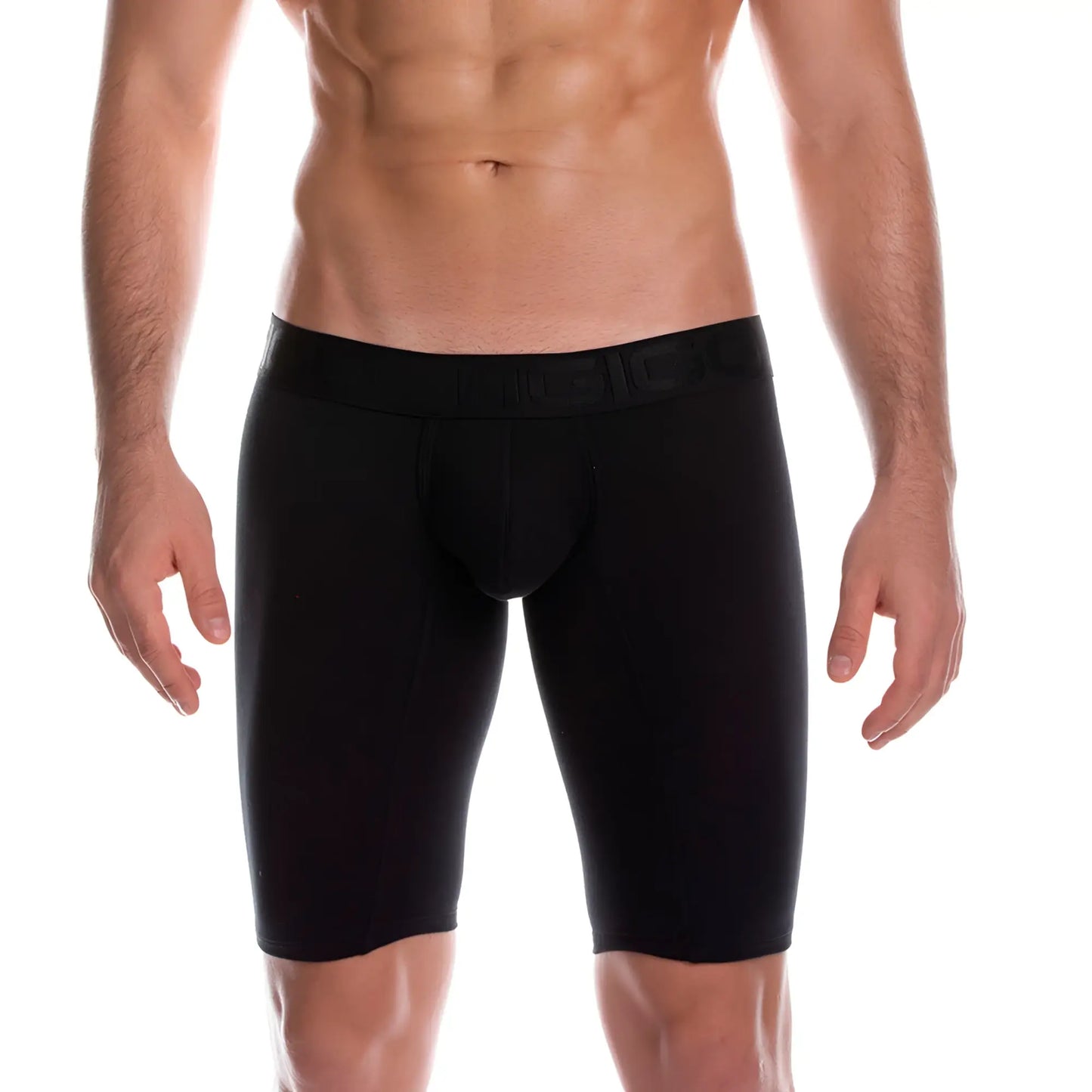 Gigo cautious black trunk long men’s boxer briefs with snug fit elastic waistband in black breathable fabric