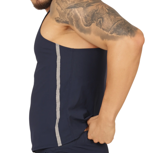 Navy blue Gigo Club athletic tank top with vertical silver stripe down the side for active wear