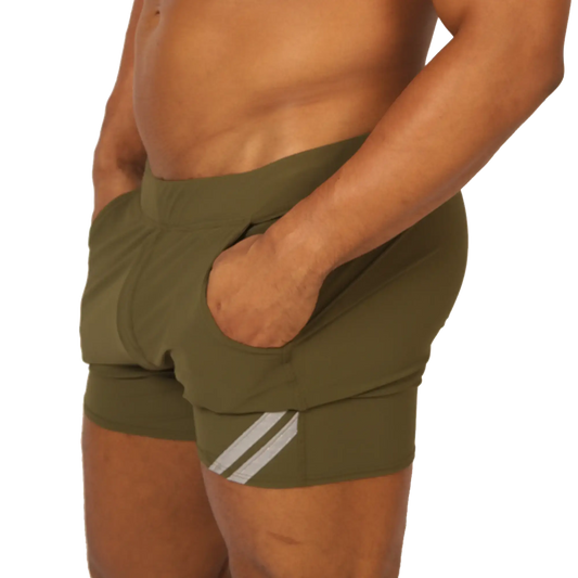 Olive green gigo club athletic shorts with white diagonal side stripes designed for active wear
