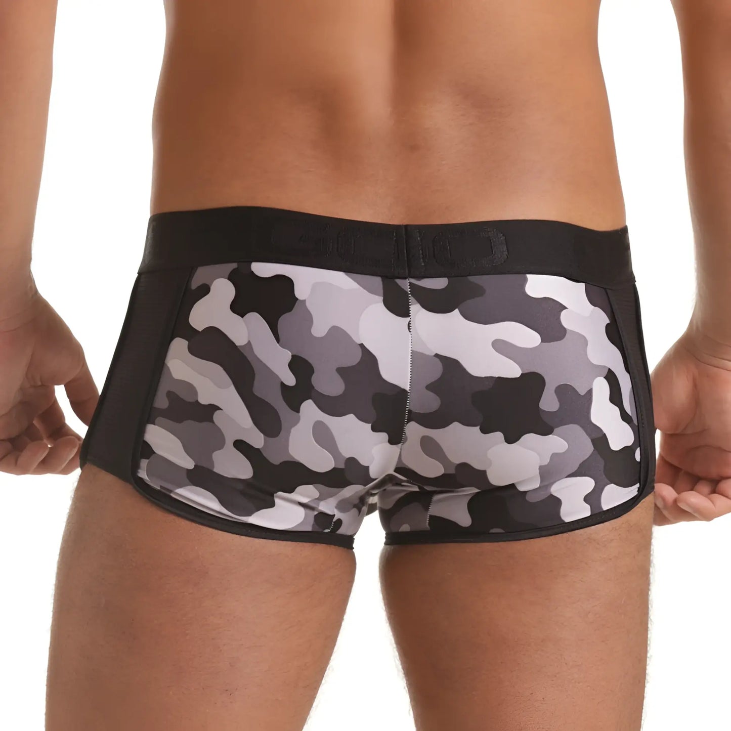 Gigo Combat Gray trunk men’s briefs with black and gray camouflage pattern and solid black waistband