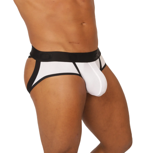 Gigo cool white jock thong athletic briefs in white and black with supportive contoured design for active wear
