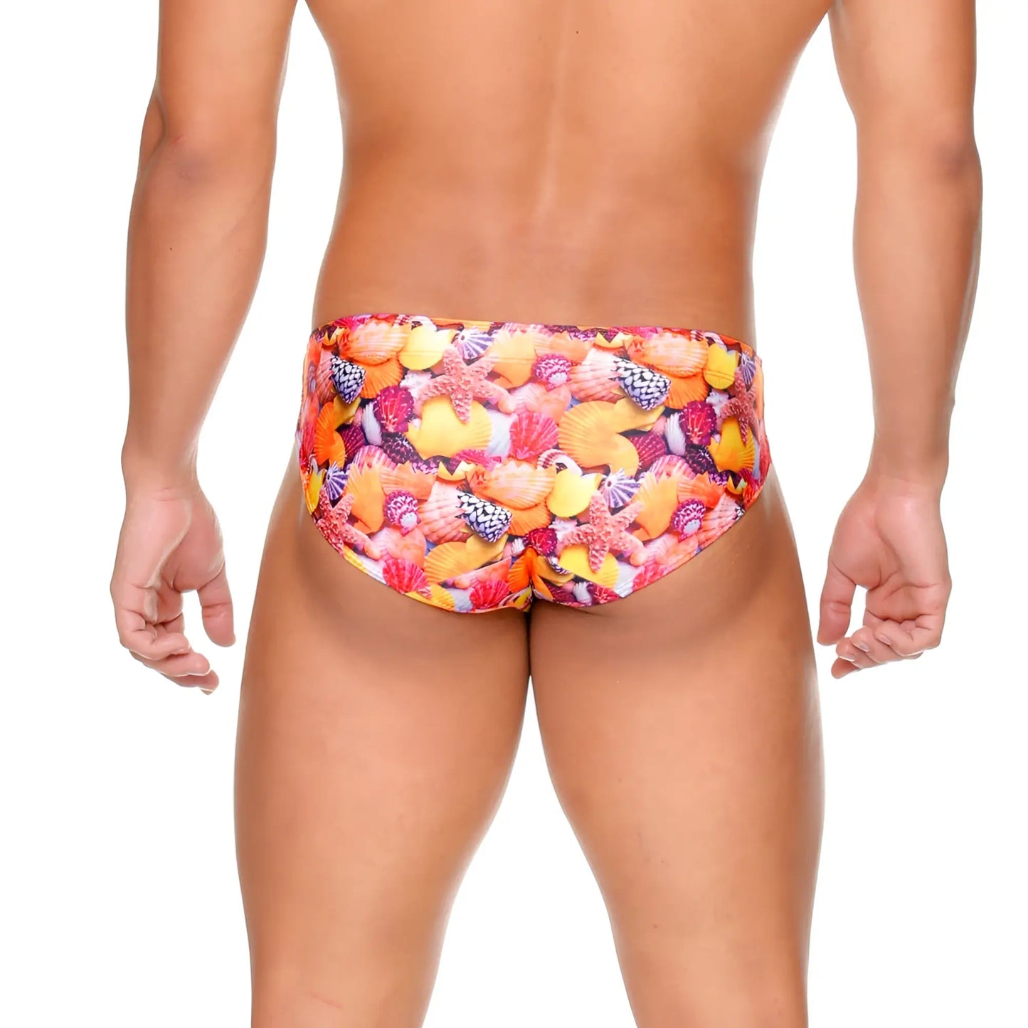 Gigo Corals swim brief featuring vibrant multicolored seashell and starfish pattern in shades of orange pink yellow