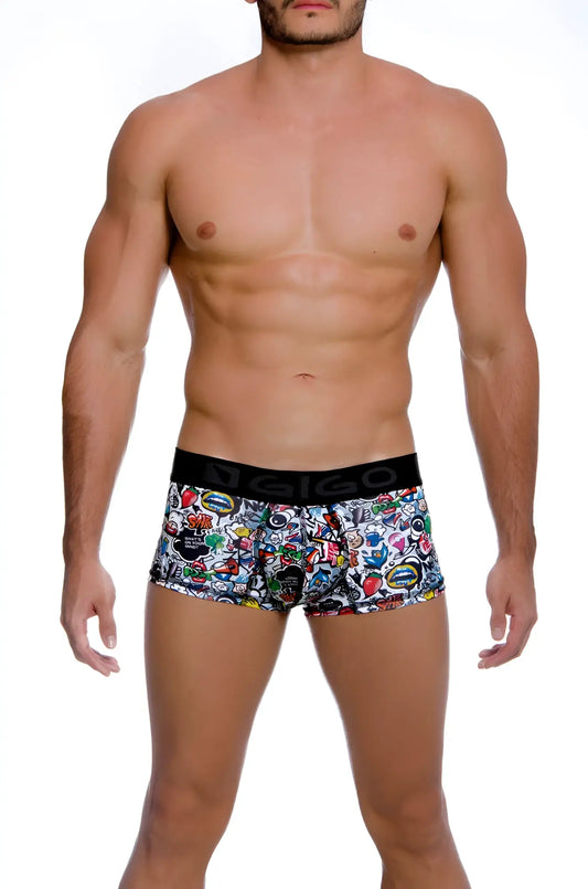 Men’s gigo crazy short boxer underwear in size M featuring vibrant graffiti print on white fabric with black waistband