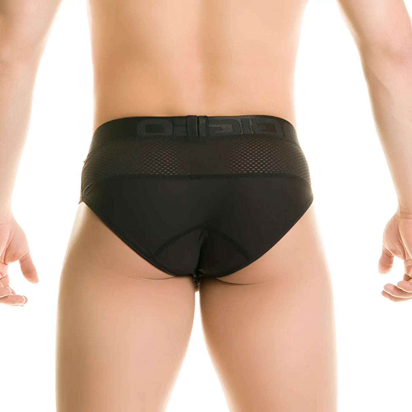 Gigo Diversity black brief featuring black mesh and solid fabric with a branded waistband