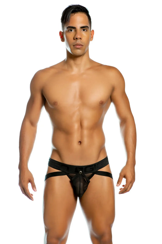 Black mesh briefs with sleek form-fitting design and adjustable straps from gigo easy black buttoned jock strap underwear size l