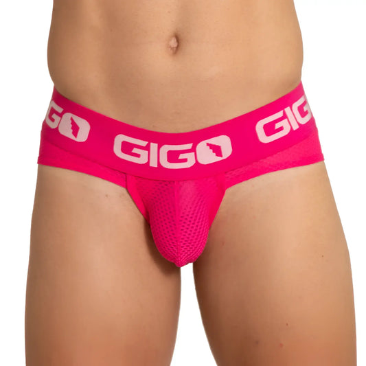 Bright pink gigo energetic fuchsia brief jockstrap with mesh front and elastic waistband for active wear