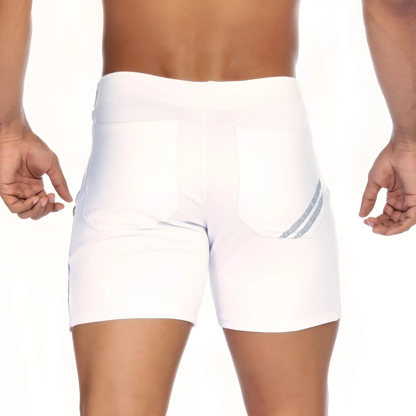 White athletic shorts gigo energy with high-waisted design and subtle gray diagonal stripes on back pockets back view