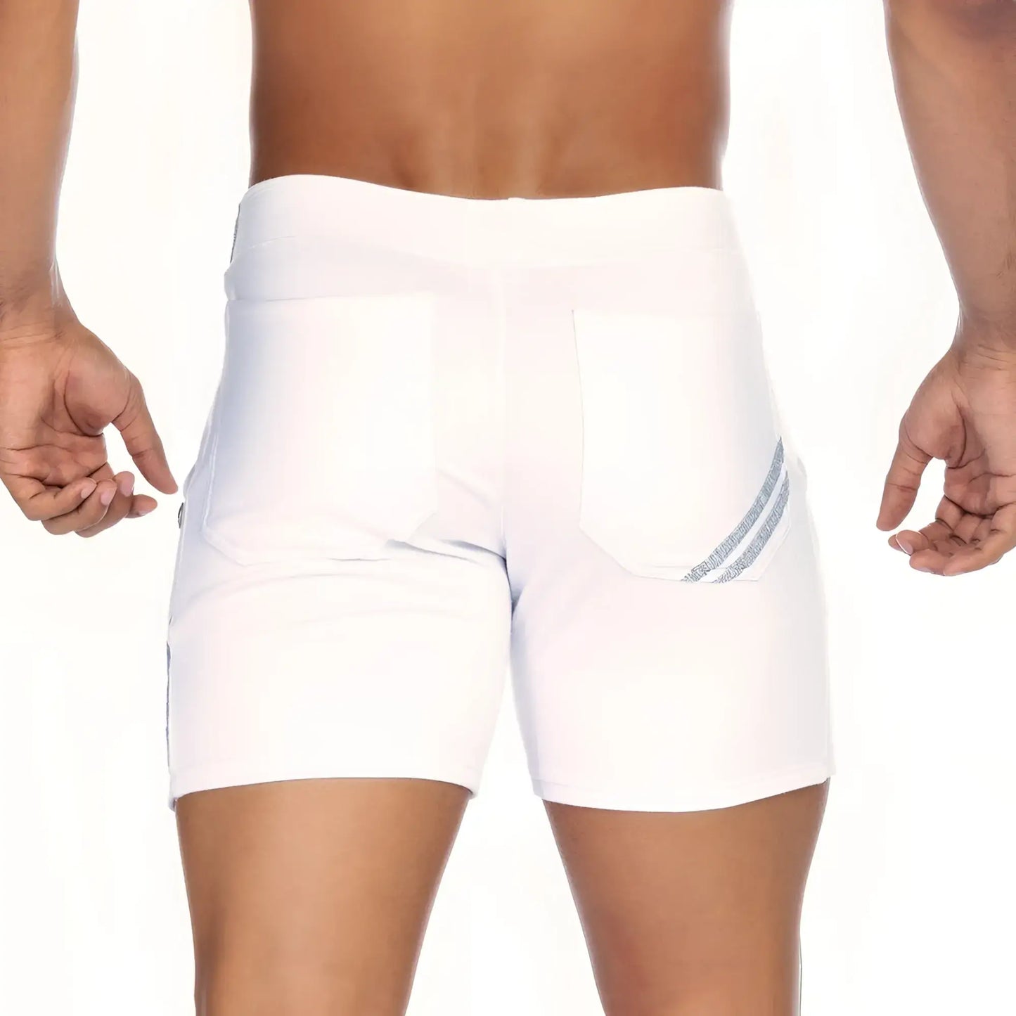 White athletic shorts gigo energy with high-waisted design and subtle gray diagonal stripes on back pockets back view