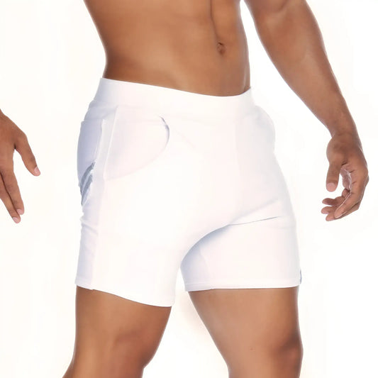 White gigo energy athletic shorts with a subtle gray logo on the side ideal for active wear