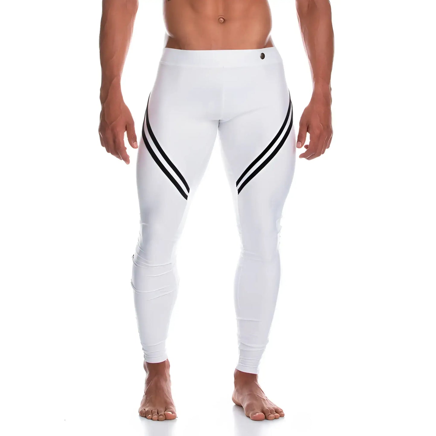 Gigo Enigmatic white athletic leggings with bold black diagonal stripes on outer thighs for active wear