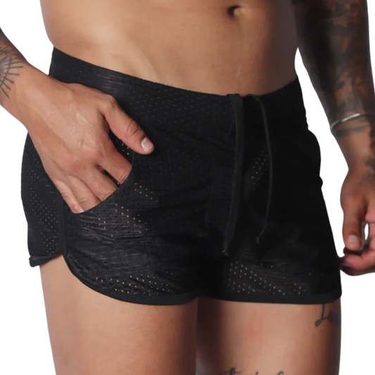 Black mesh athletic shorts with a drawstring waistband, side pockets, and short, curved hem design.