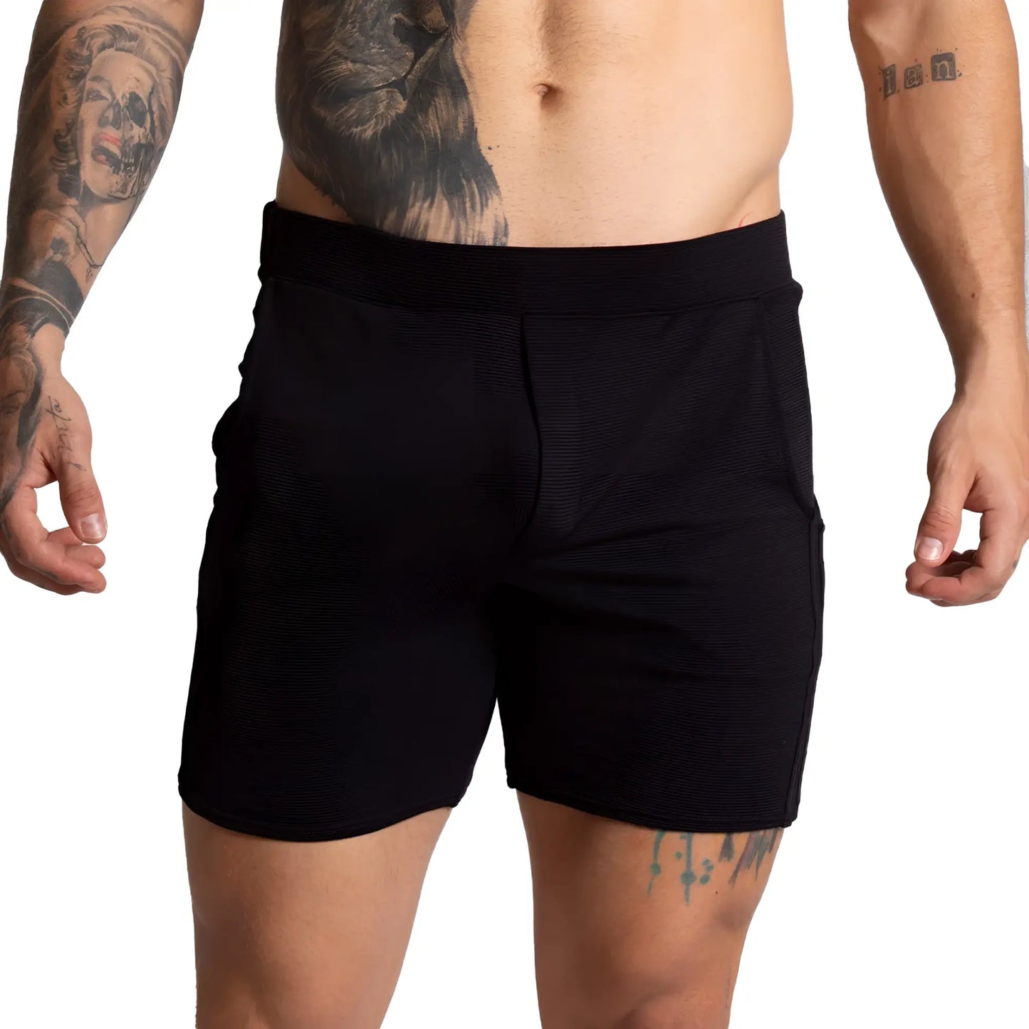 Gigo F Fetish black textured shorts with ribbed waistband and side pockets for comfortable casual wear