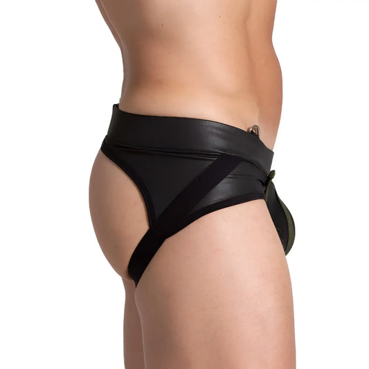 Black leather briefs with diagonal strap and olive green pouch side detail in gigo f fetish green jockstrap design