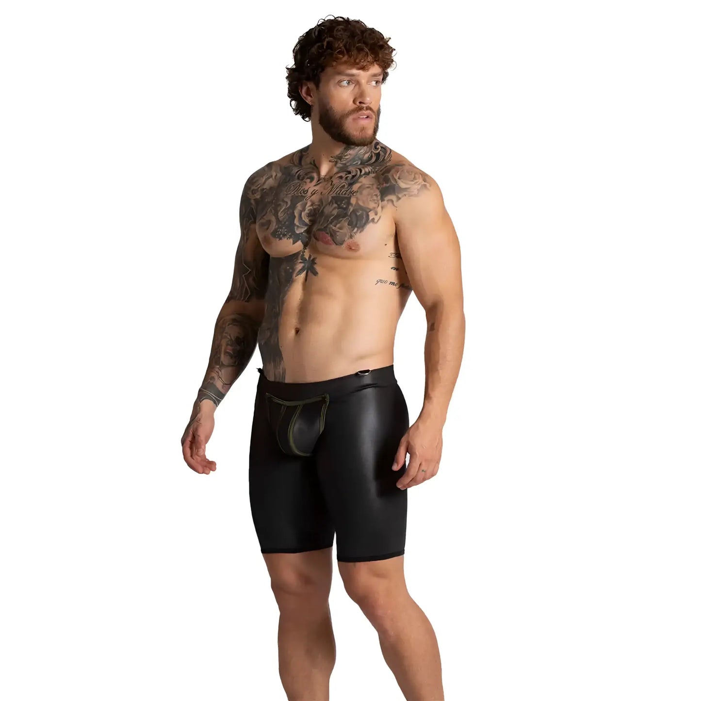 Black leather briefs with a sleek glossy finish and adjustable waistband from gigo f fetish green trunk long collection
