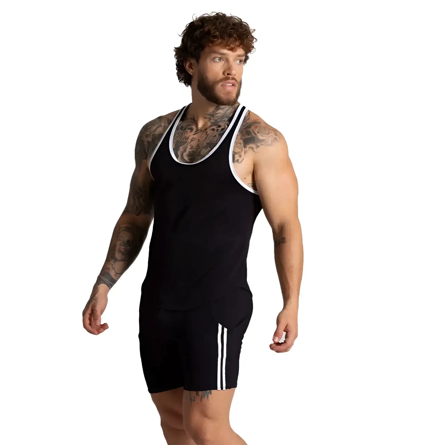 Black gigo f fetish white tank athletic tank top with white trim and matching shorts with two vertical white stripes