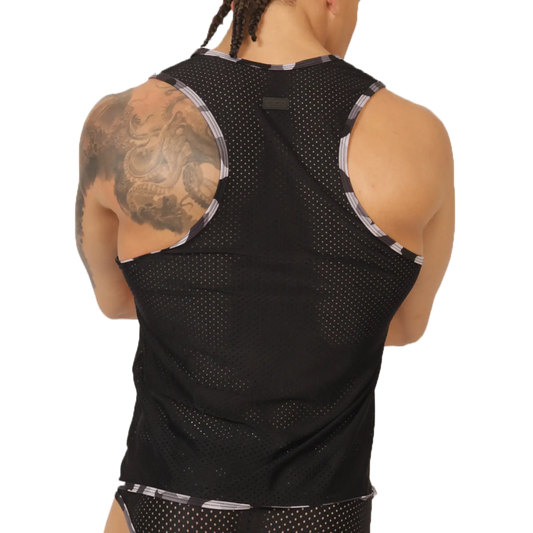Black mesh gigo feeling black tank top with silver and black striped trim along the shoulder straps