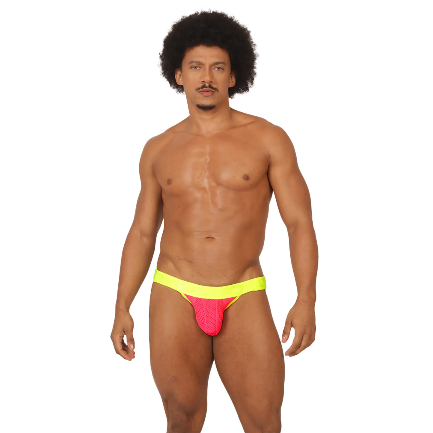 Vibrant neon pink and yellow gigo feeling candy jockstrap with mesh texture designed for athletic comfort