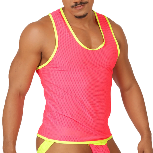 Bright pink mesh tank top with neon yellow trim from the gigo feeling candy tank collection