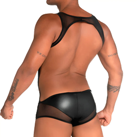Back view of gigo fetiche black singlet men’s backless underwear in sheer mesh and faux leather materials