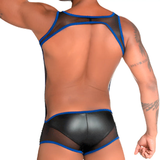 Black and blue mesh-backed men’s briefs with shiny faux-leather front panel from gigo fetiche blue singlet collection