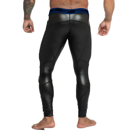 Black gigo fetiche blue zipper leggings with glossy finish perforated panels and contrasting blue waistband