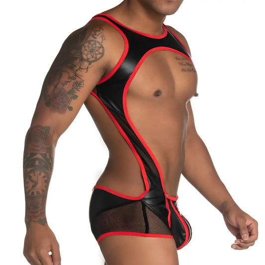 Black and red gigo fetiche singlet latex bodysuit with mesh panels and front zipper detail