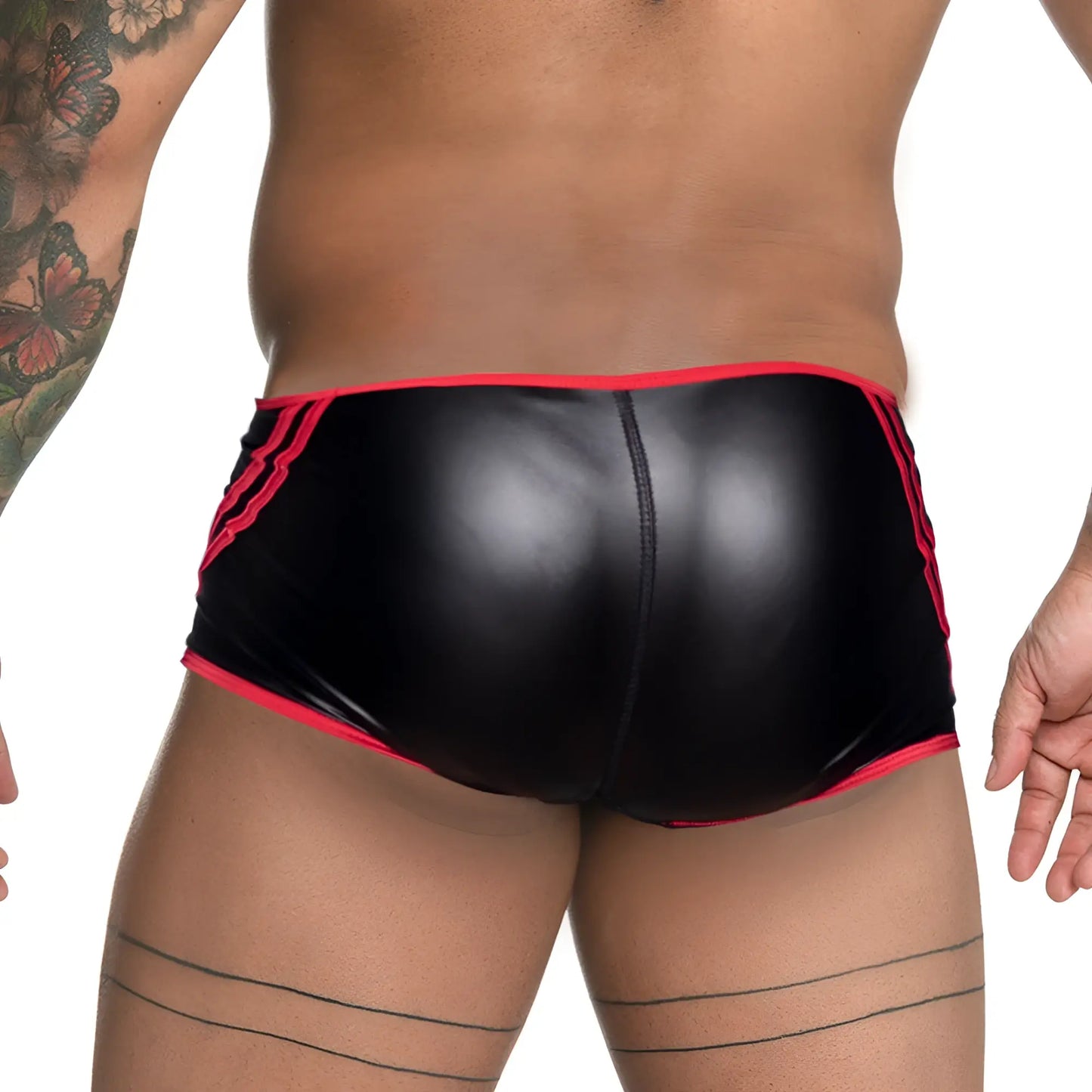 Black shiny faux leather briefs with bold red trim on waistband and legs gigo fetiche red trunk product