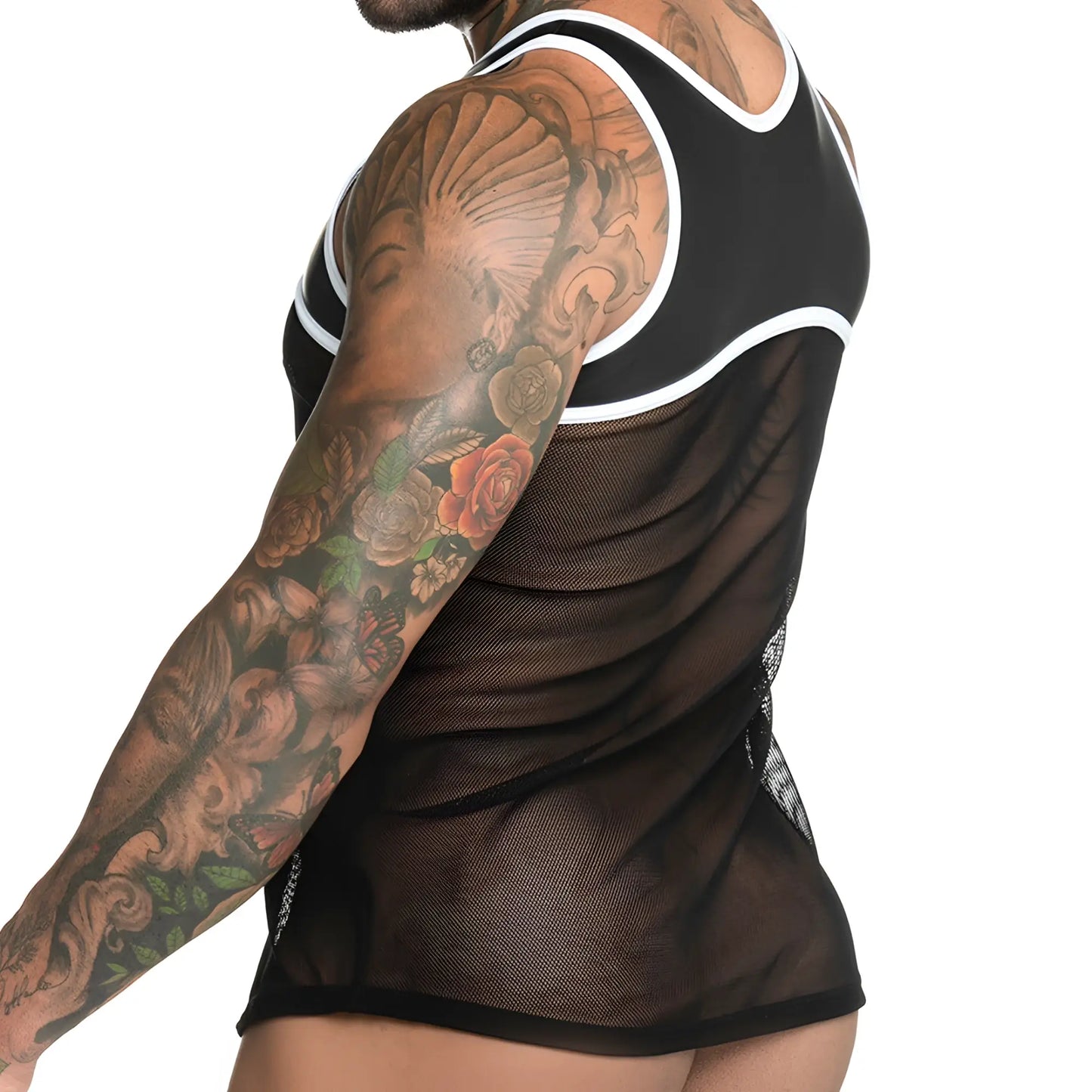 Black mesh Gigo Fetiche white tank top with white trim sheer form-fitting design for stylish layering