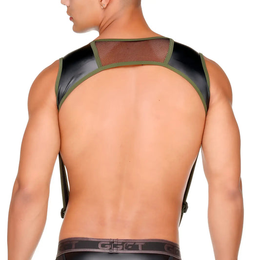 Gigo Fetish Green Harness black and olive green mesh-backed harness with adjustable straps and breathable mesh material