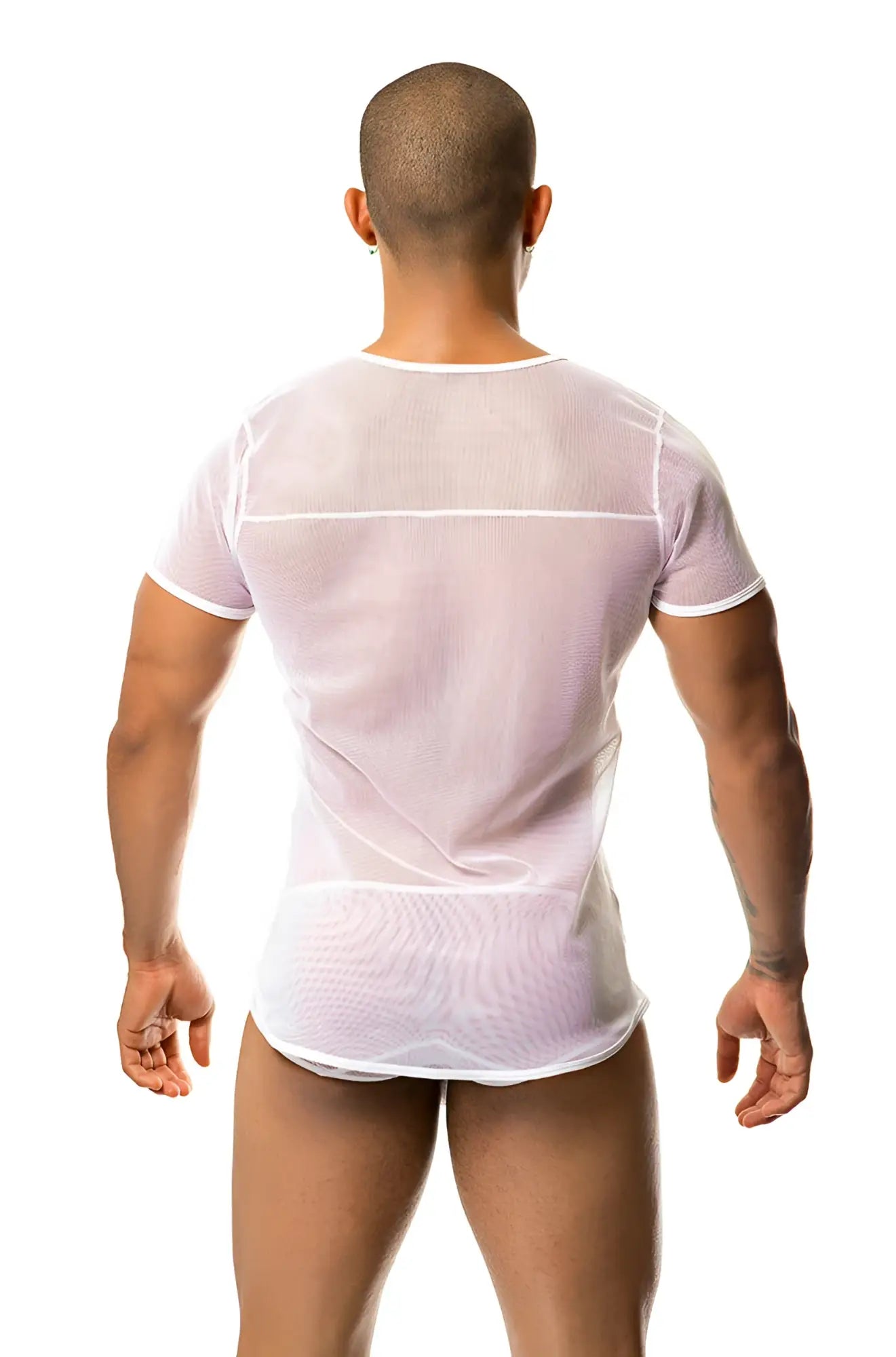 Gigo fire white short sleeved t shirt in white sheer mesh with a fitted form fitting design size xl