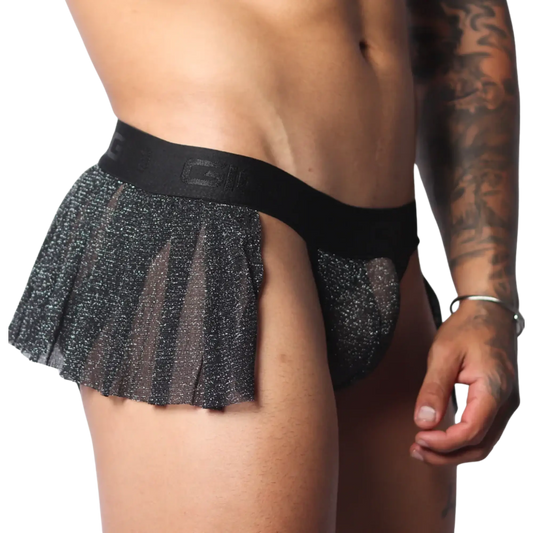 Black glittery sheer pleated mini skirt with a branded elastic waistband on a Gigo jockstrap base.
