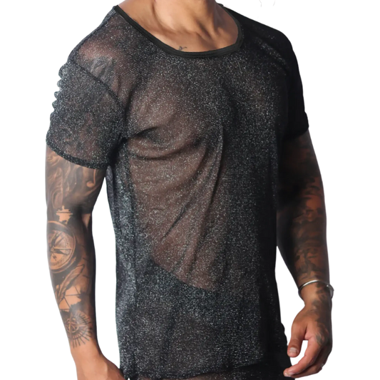 Black sheer scoop-neck T-shirt with a metallic shimmer, lightweight semi-transparent knit fabric.