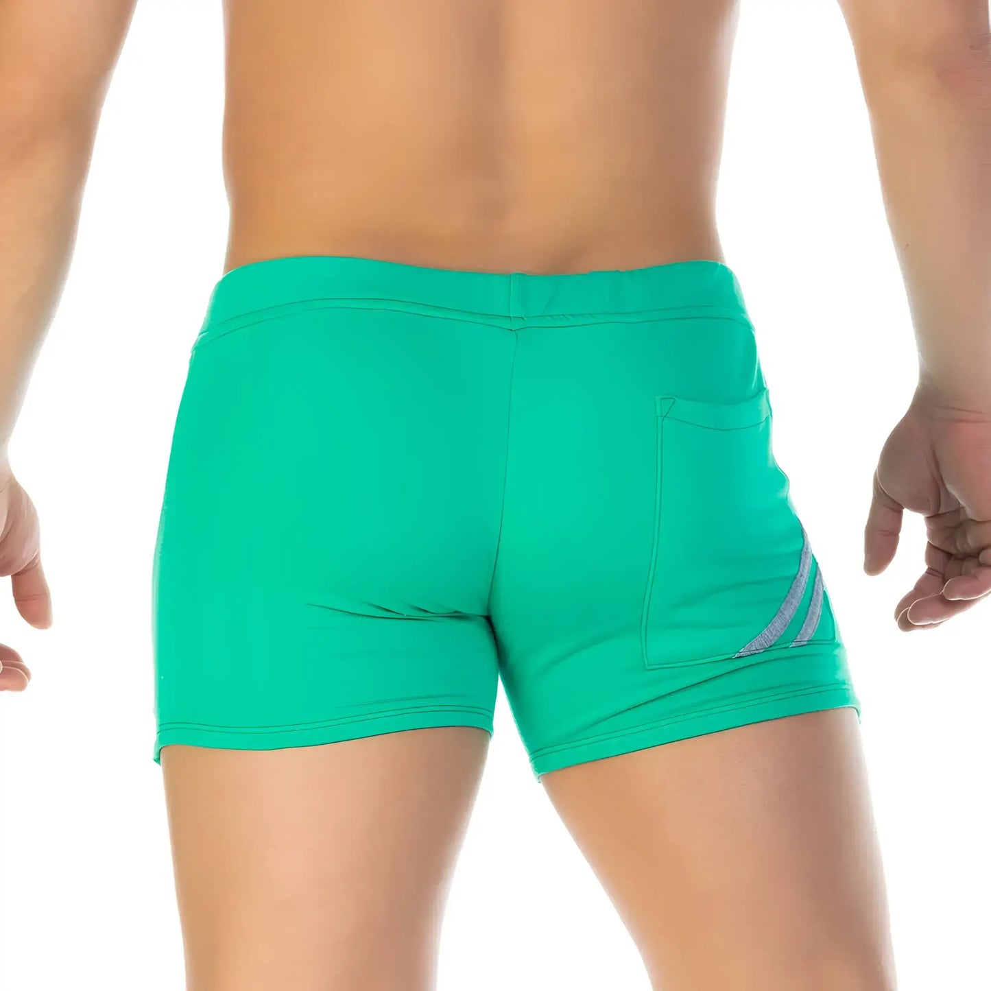 Bright teal gigo forever green athletic shorts with gray diagonal stripe on side pocket for active wear