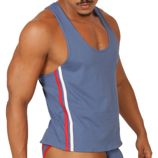 Gigo Garoto blue athletic tank top with red and white vertical stripes along the side for sports and workouts