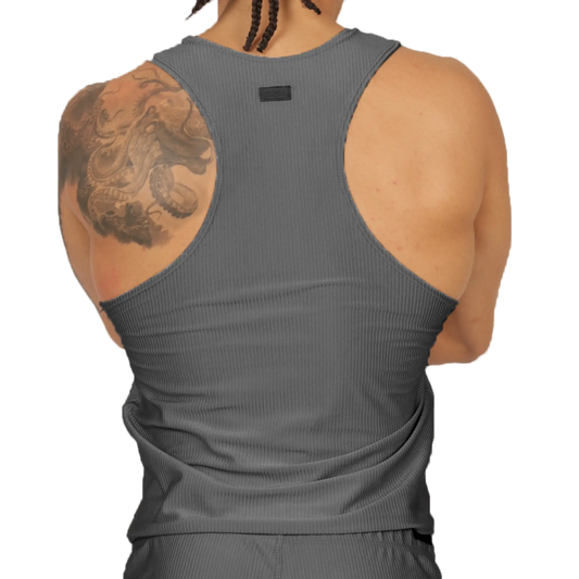Back view of gigo glow gray tank made of gray ribbed fabric with a small black tag at the neck