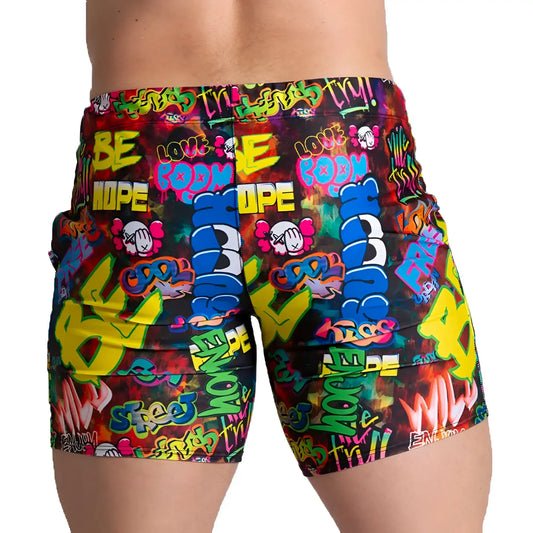Vibrant gigo graffiti beachwear shorts with bold neon colors featuring street art typography and cartoon skulls