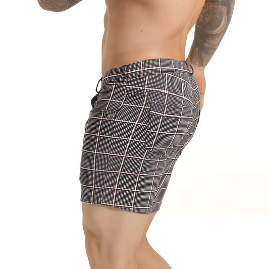 Gigo Harvard Red short black and white checkered swim trunks with a subtle dot pattern for casual beachwear