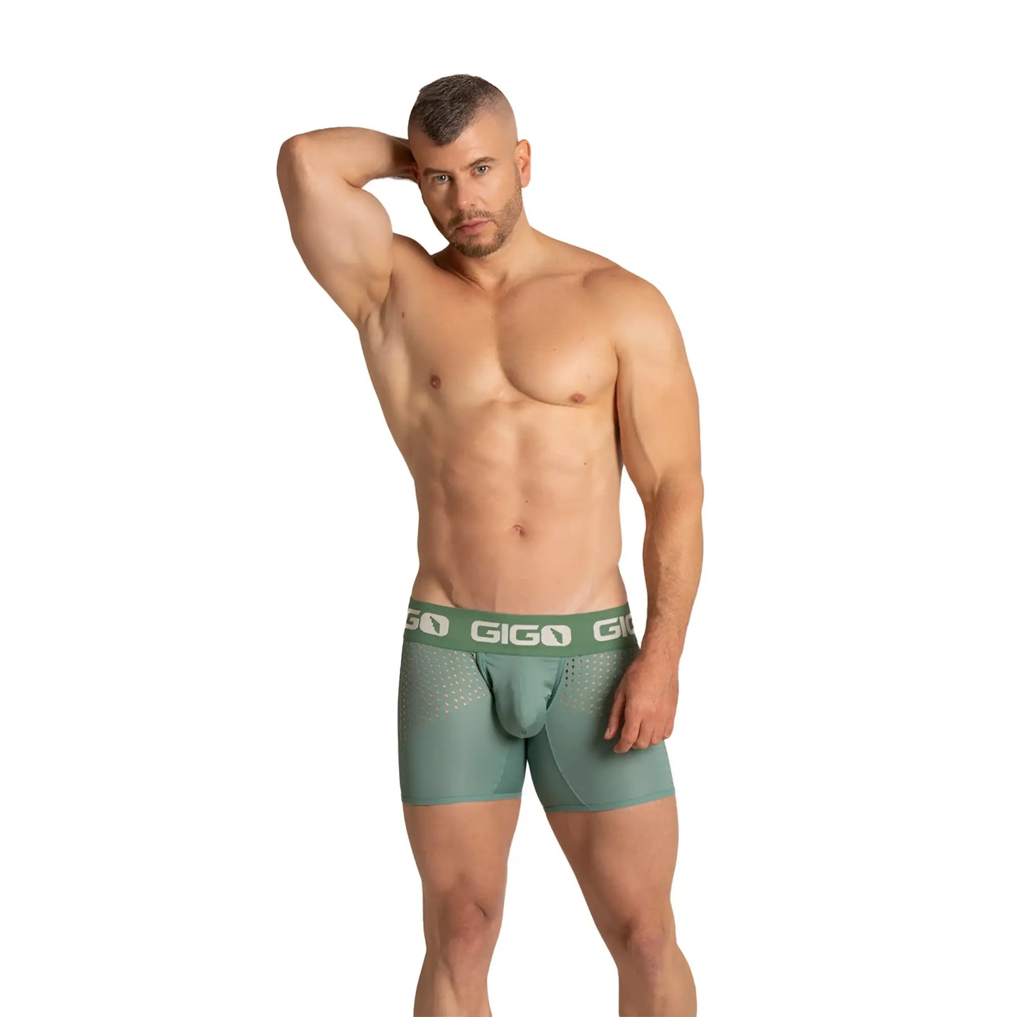 Men’s sage green giga brand boxer briefs with a perforated waistband from gigo hibrid green trunk collection