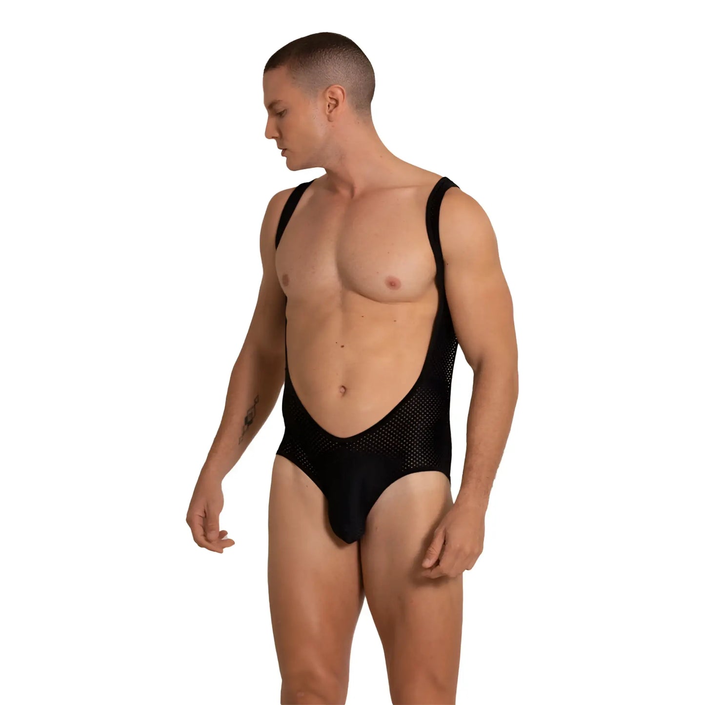 Black mesh bodysuit gigo hole black body with plunging neckline and wide shoulder straps for stylish wear