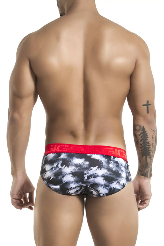 Gigo ICEBERG black and white tie dye briefs with bold red elastic waistband and sic branding size M