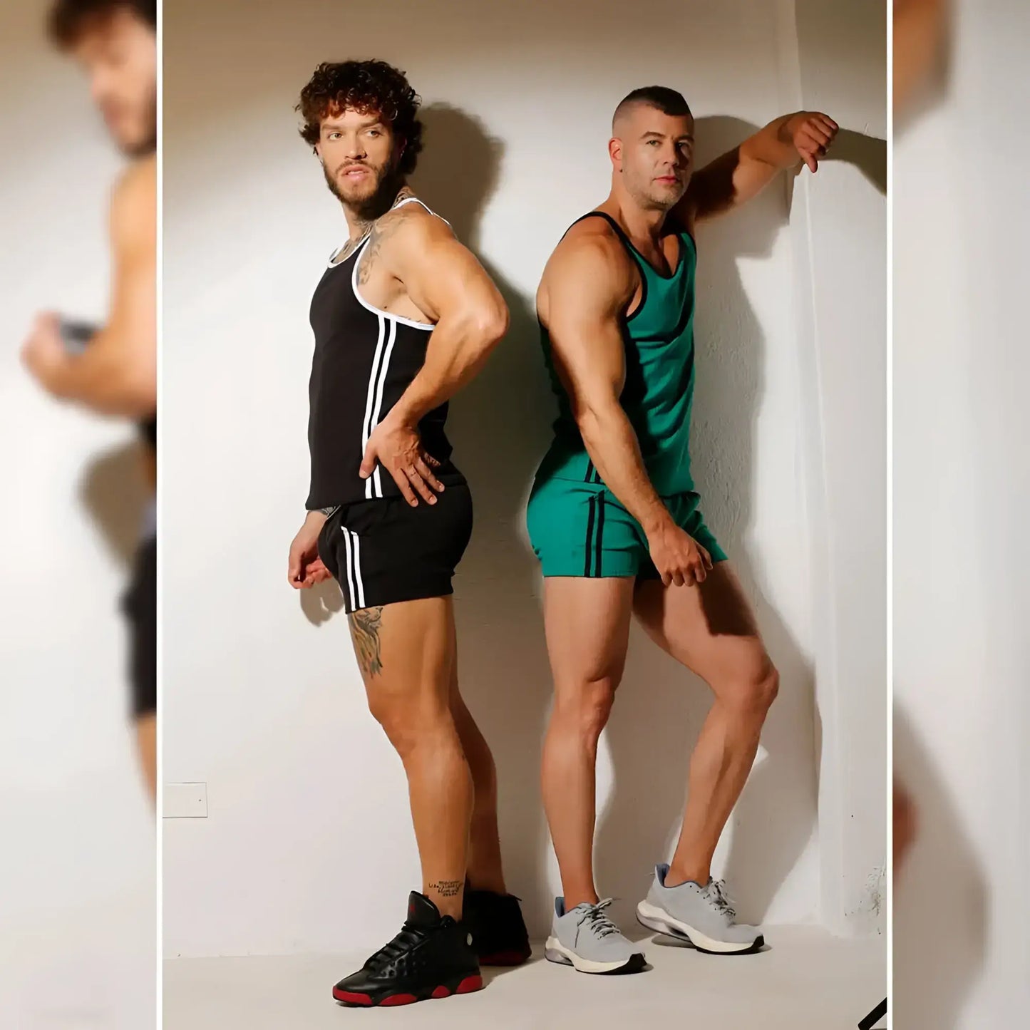 Athletic tank tops in black and green with white side stripes from gigo khanal black short collection