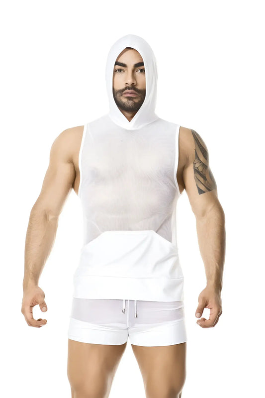 White mesh hooded tank top with solid white waist panel from gigo light white hoody muscle top shirt size m
