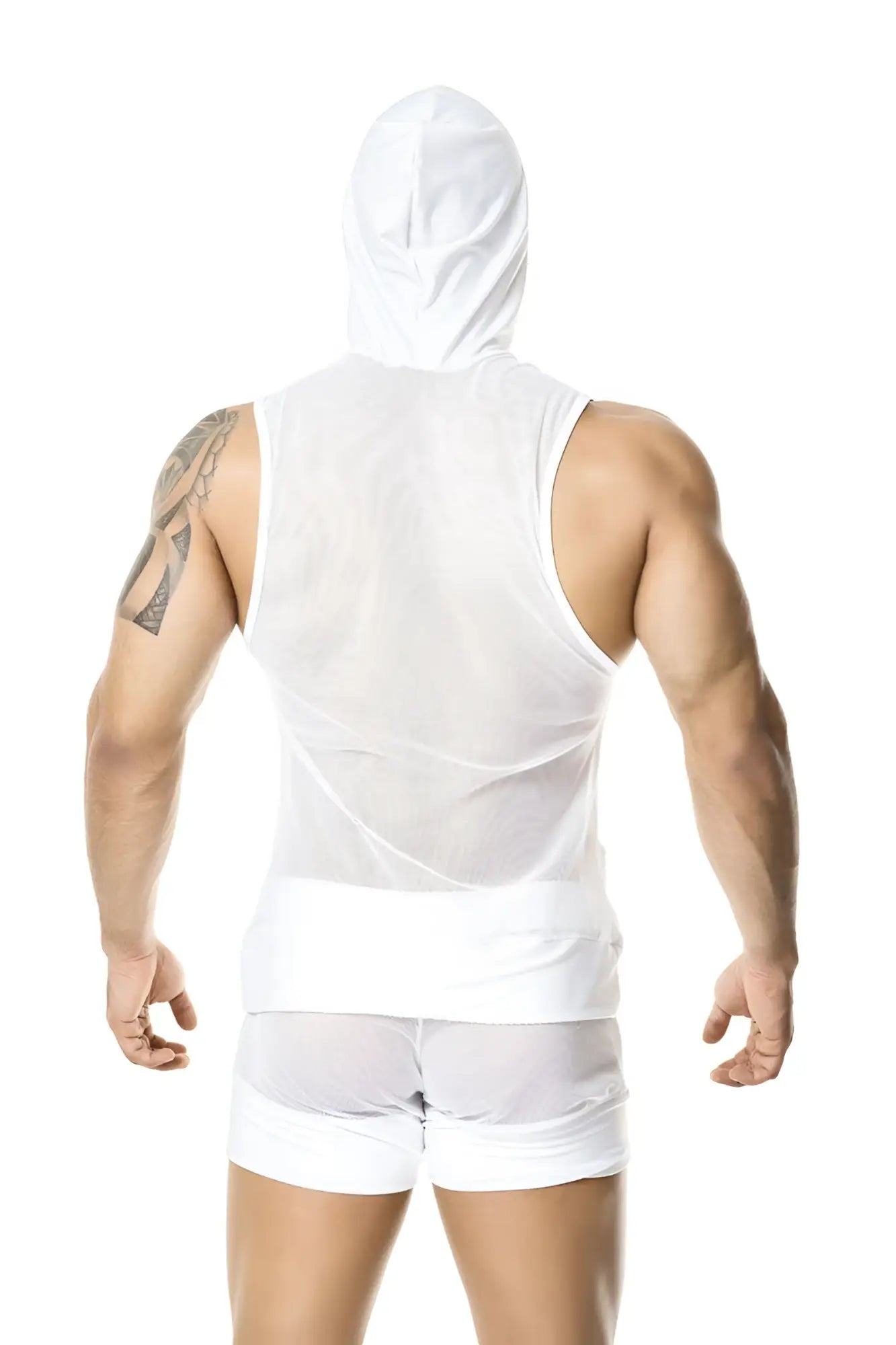 White mesh hooded tank top with solid white waistband gigo LIGHT WHITE hoody muscle top size M front view