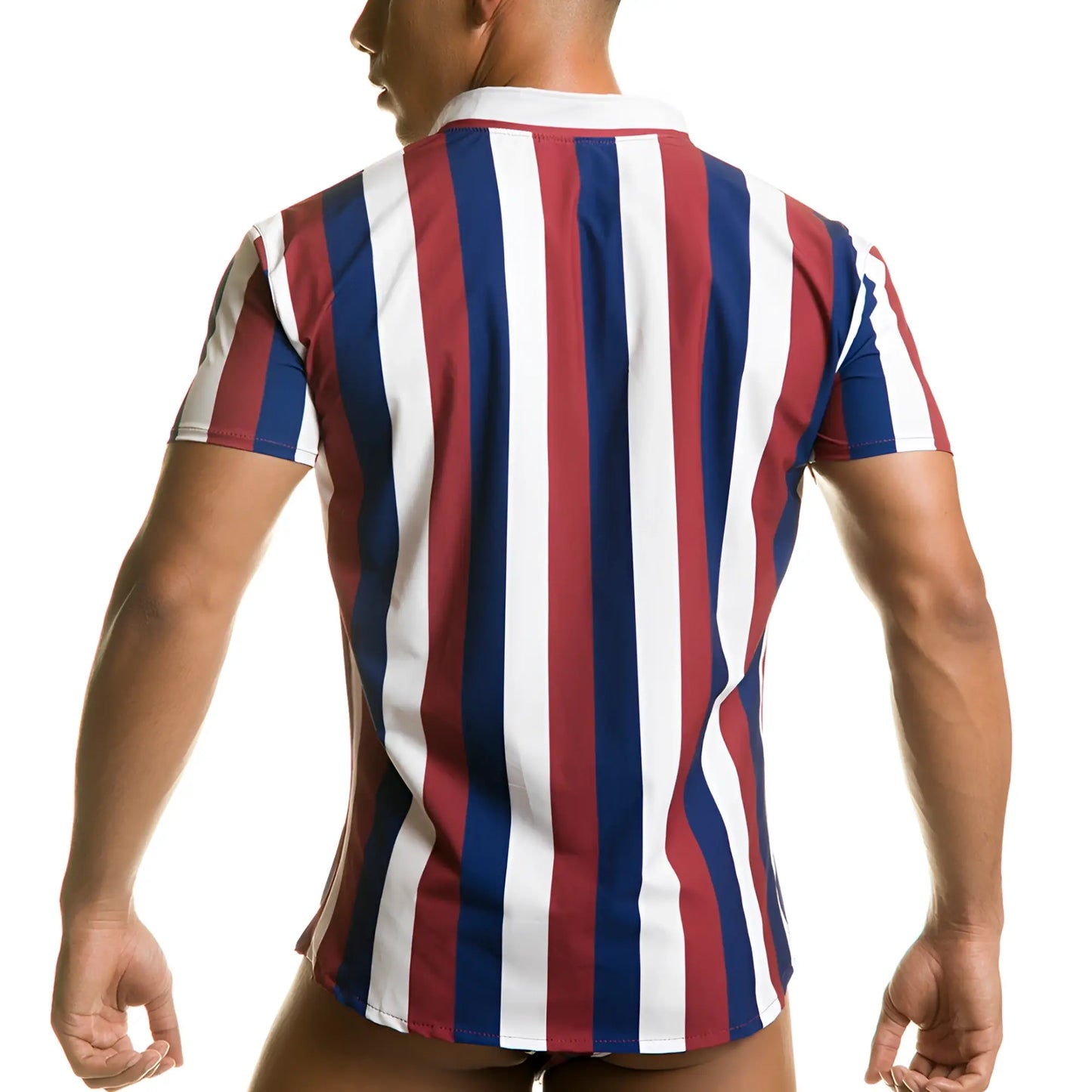 A men’s short-sleeved Gigo Line Shirt with bold vertical red white and navy blue stripes perfect for casual wear