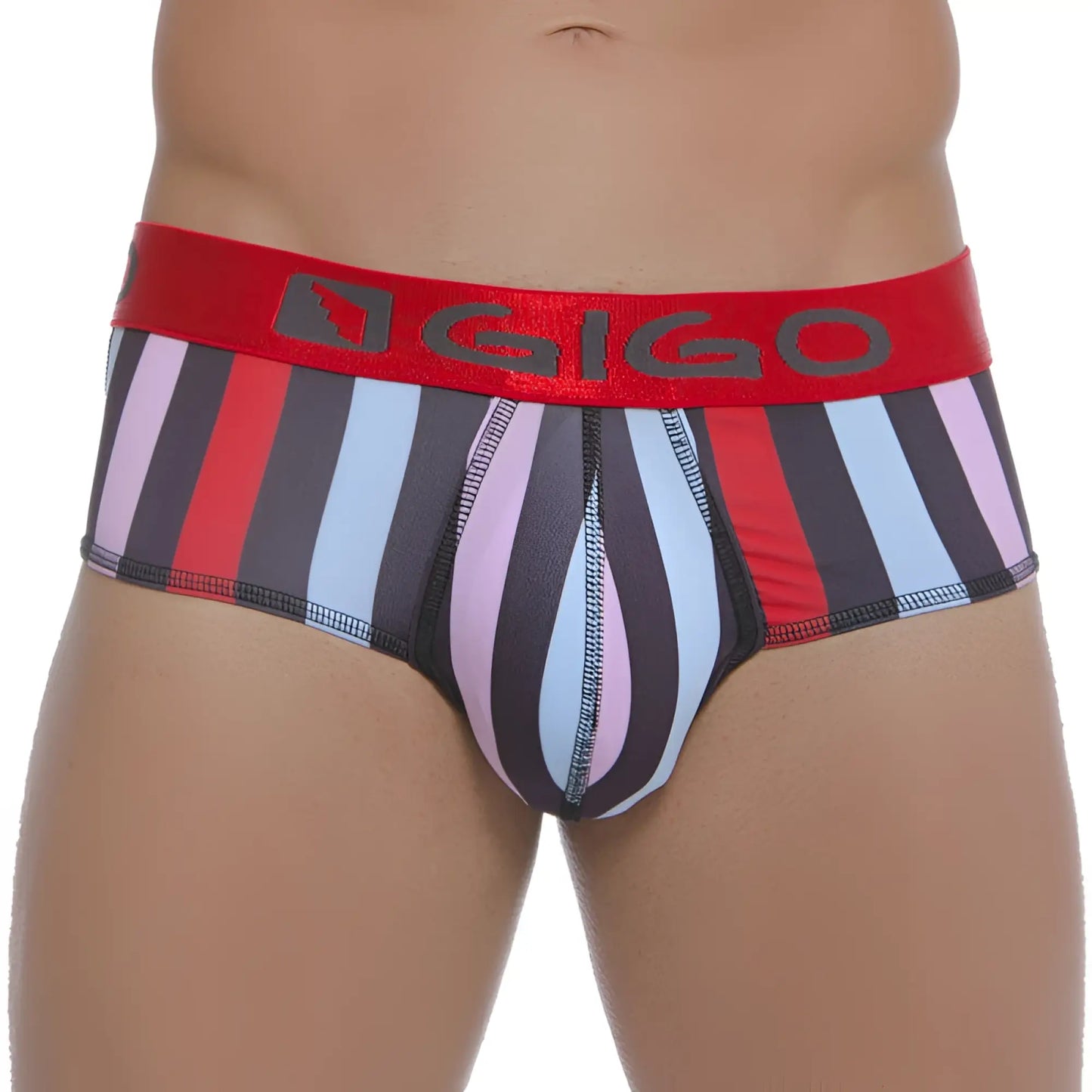 Striped gigo lines brief underwear size s with red, black, light blue, and pink vertical stripes and bold red waistband