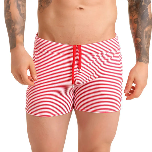 Red and white striped swim trunks with bright red drawstring by gigo marine for beachwear use
