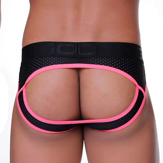 Black and neon pink mesh gigo medieval candy brief jockstrap showing bold open-back design