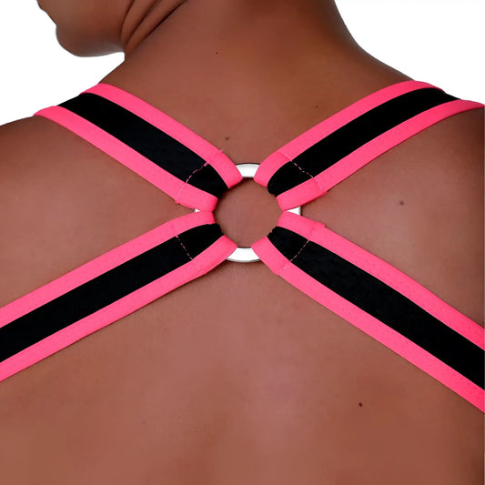 Back side of gigo medieval candy harness featuring vibrant pink and black striped fabric strap with central silver ring